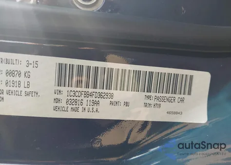 2015 Dodge Dart Sxt z USA, uszkodzony, nr VIN 1C3CDFBB4FD362938